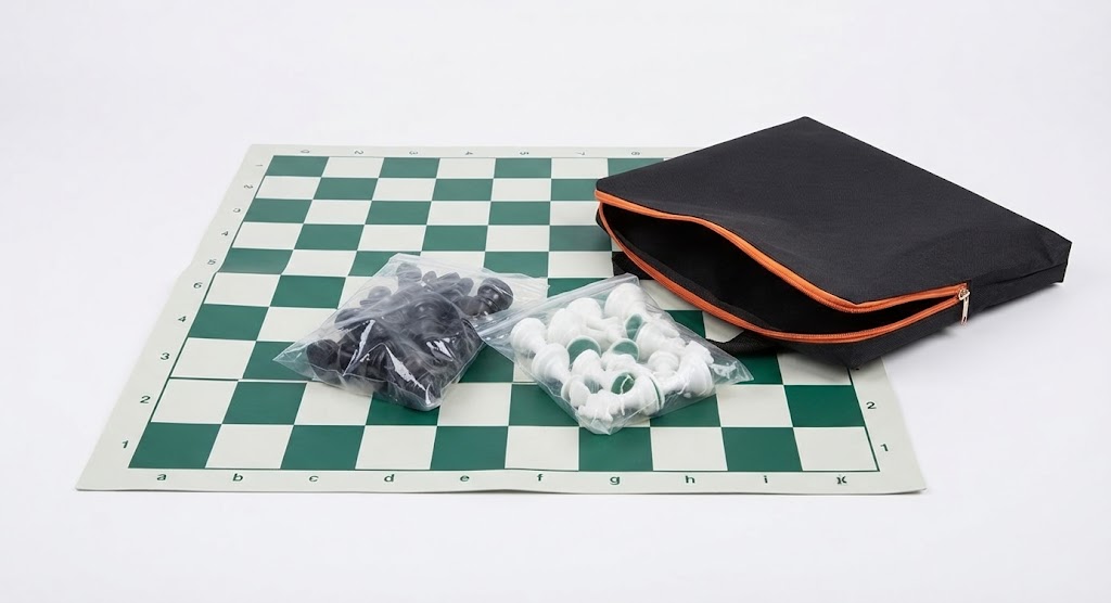 Tablero de ajedrez, piezas en bolsas y morral de transporte